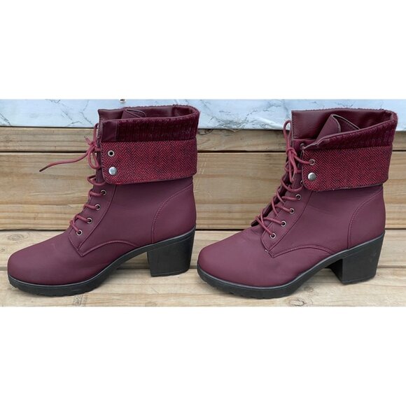 Ashley Blue Womens Sz 11 Burgundy Lace-Up Ankle Boots With Fold-Down Knit Cuffs - Picture 1 of 9
